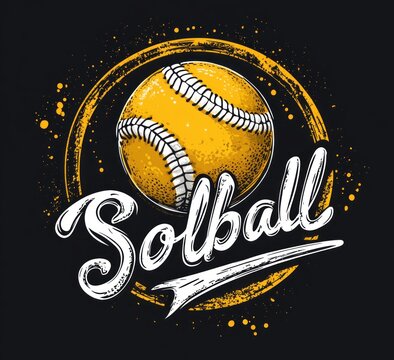 Energetic grunge softball illustration: yellow ball with white stitching, paint-splattered circular ring and bold flowing white script lettering