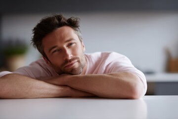 Fototapeta premium Man relaxing at home kitchen during weekend break with calm positive mood