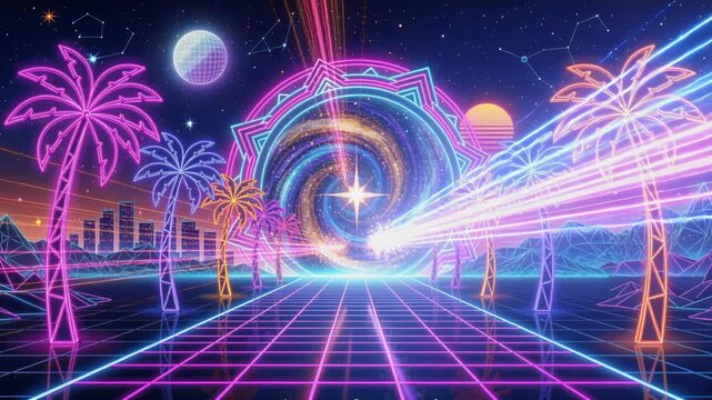 Retro Futurism And Metaverse Travel Neon Palm Trees And Digital Grid With Galaxy Portal Nostalgic 80s Style Background.