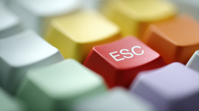 Multiple colorful keyboard keys Esc text symbolizing emergency stop technology