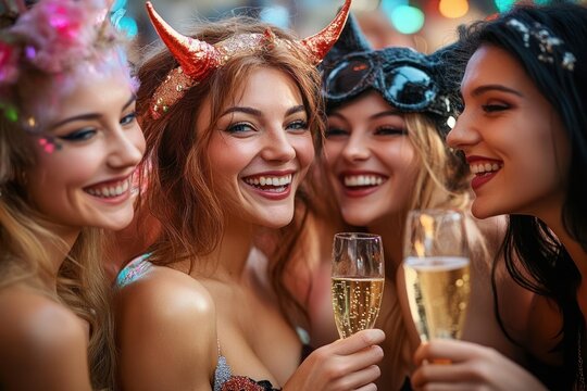 friends in festive costumes with glittery devil horns clinking champagne glasses in a playful celebratory mood