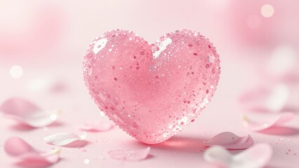 Obraz premium Pink Heart with Water Droplets Surrounded by Rose Petals and Bokeh