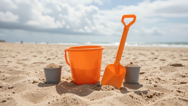 Orange Plastic Bucket and Shovel with Sand Toys on Beach