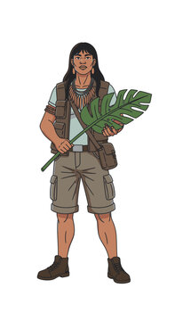Yanomami man holding a large leaf in rugged explorer outfit  