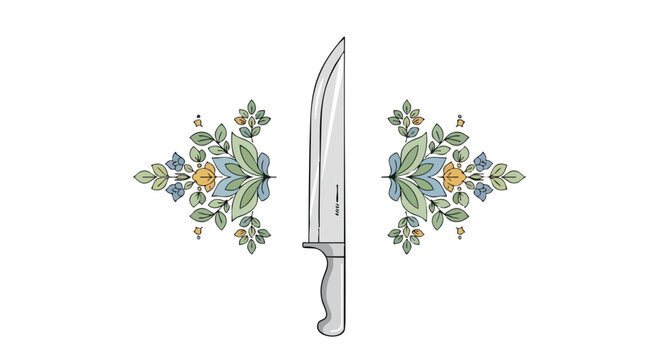 A silver kitchen knife with ornate floral designs on either side