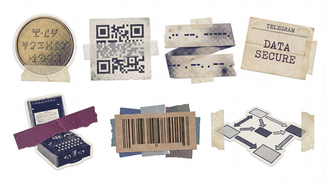 Digital Security and Encryption Icons: QR Code, Morse Code, Barcode, Flowchart