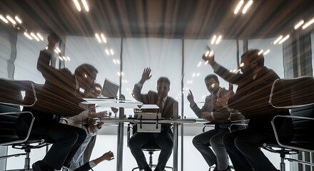Fototapeta premium Business people meeting with hands raised and reflective table surface, showing blurred motion and bright overhead lighting