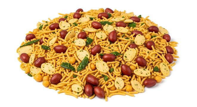 Traditional indian savory snack mix known as namkeen or chanachur with peanuts and sev isolated on white background