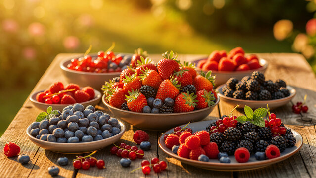 A vibrant collection of fresh, ripe, and delicious summer berries, showcasing abundant bowls filled with succulent strawberries, plump blueberries, juicy blackberries, sweet raspberries, and tart...