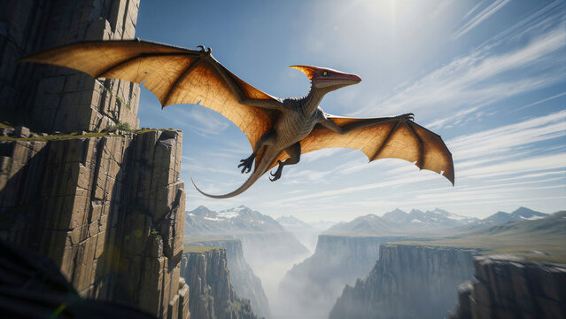 Majestic pterodactyl with expansive leathery wings and a sharp slender beak glides through the air in a powerful display of prehistoric flight while showcasing its detailed reptilian skin texture...