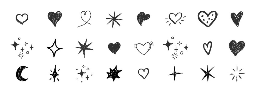 Crayon set heart, star, moon simple bright free hand icons doodle elements. Pastel childlike cute decoration. Scribble ink grunge heart shapes