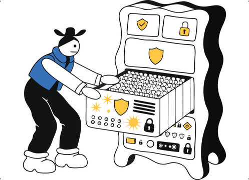 Digital data management and secure information storage illustration with cybersecurity protection.