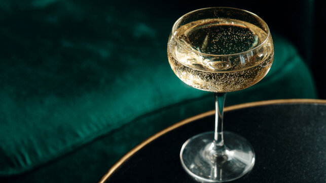 champagne in an elegant coupe glass, cocktail on a black table with a dark green velvet background.