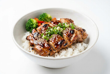 Fototapeta premium Ultra realistic professional food photography of a Japanese chicken teriyaki rice bow isolated on White Background