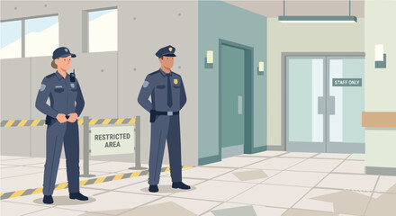 Fototapeta premium Security Guards Standing Duty in Front of Restricted Area and Staff Only Entrance in Modern Building Interior, Professional Law Enforcement and Safety Monitoring Service Concept