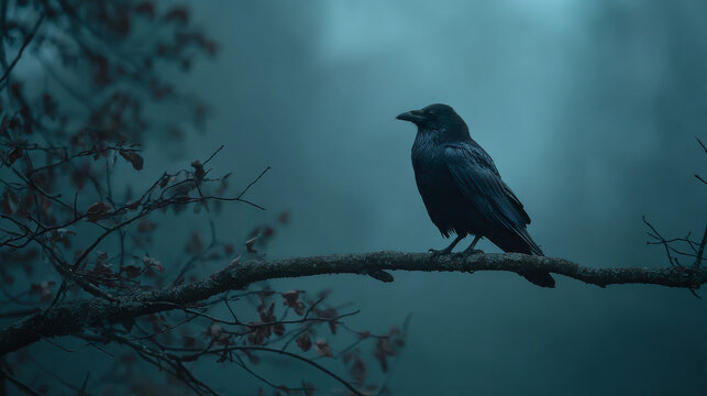 A solitary crow stands on a branch. Close-up shot. A mysterious atmosphere.