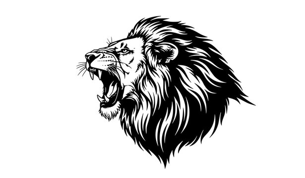 Fierce roaring lion head bold black white vector logo