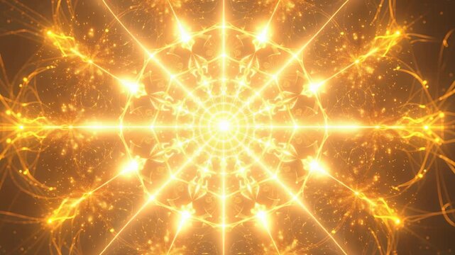 Golden spiritual mandala expanding light and sacred geometry, representing universal energy and inner peace. Ideal for deep contemplation.