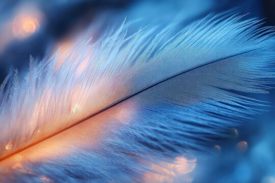 Delicate blue feather close-up with soft orange bokeh highlights, intricate silky barbs and a dreamy serene glow