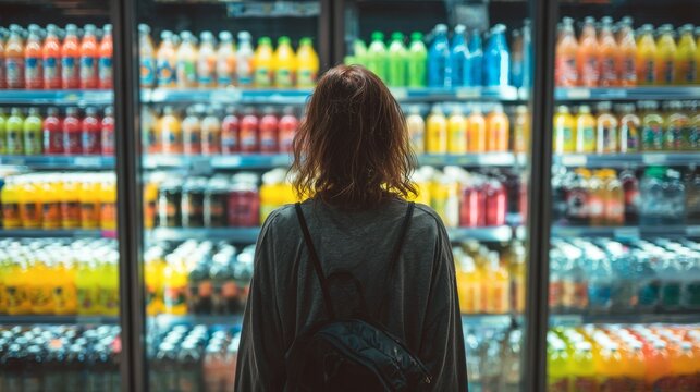 Woman contemplating beverage choices in a brightly lit convenience store