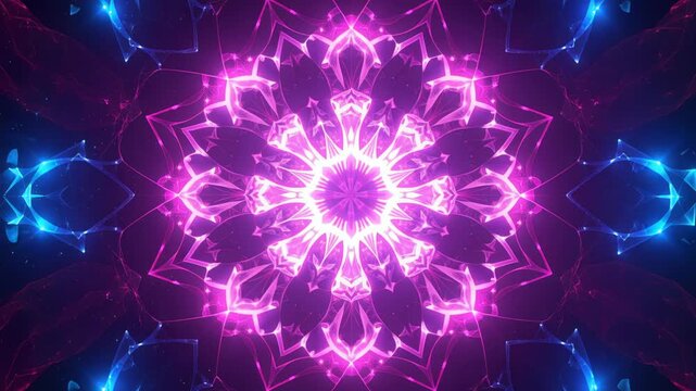 Vibrant cosmic mandala pattern creating a mesmerizing kaleidoscope. Radiant shapes shining brightly in a symmetrical and ethereal design.