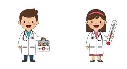 Fototapeta premium Cute Cartoon Doctors with Medical Equipment Illustration.