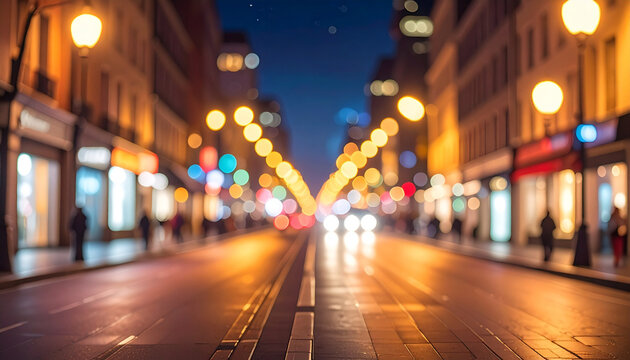 City street at night with glowing lights and defocused view of buildings and people