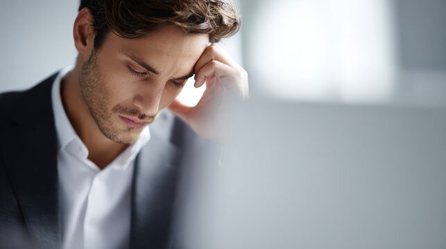 Businessman experiencing headache due to trading mistake in corporate finance workplace
