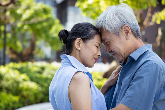 Happy smiling lovely Asian senior couple, elderly husband doing forehead touching with his wife in urban park, concept image for old aged lovers togetherness, real human, real people model