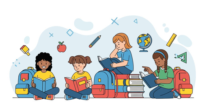 Diverse group of children engrossed in reading books.