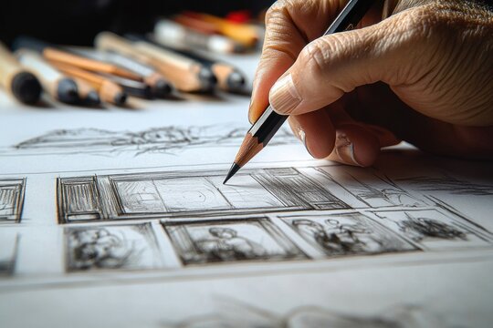 Close-up of a hand sketching storyboard comic panels with a graphite pencil, scattered pencils on paper, focused creative and concentrated mood