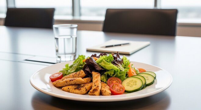 A vibrant and healthy salad with grilled chicken rests on a table in a modern office setting high-quality professional