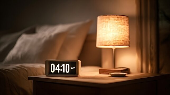 Digital alarm clock displaying 4,10 am on a bedside nightstand with a glowing lamp, illustrating themes of insomnia, sleep deprivation, and early morning awakening in a dark bedroom