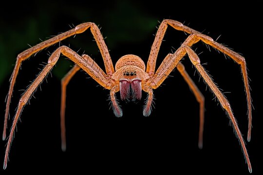 front-facing macro portrait of an orange hairy spider with long spindly legs and visible fangs against a black background, intense stare