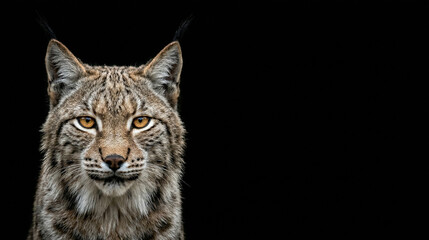 Obraz premium Portrait of a Eurasian Lynx with intense gaze and ear tufts on a black background. Detailed fur and amber eyes. Left side composition with large copy space for design
