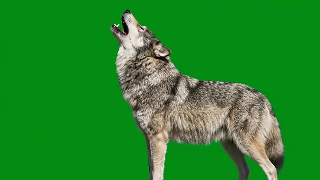 A majestic wolf howling on a green screen, ready for any video production
