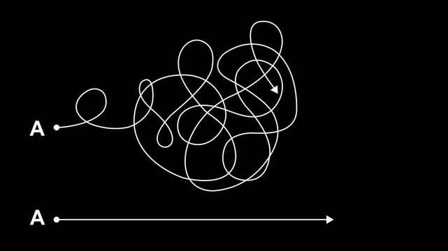 Complex and easy way from point A to B. hand drawn doodle scribble chaos path lines. kids tracing paths. Motion graphics of concept. 4k video animation
