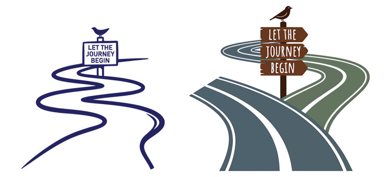 Two contrasting illustrations depicting winding roads with signs stating let the journey begin and bird perching.
