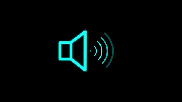 Cyan sound icon audio music speaker animation on black background. sound Voice animated with speaker icon. Sound, music, speaker Audio technology, music, and sound. 4k Animation of speaker. 4k