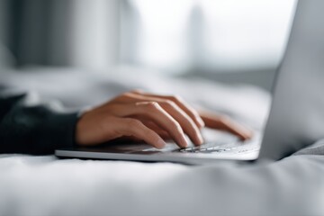 writer working from home researching online article on laptop, freelance journalism and digital content creation