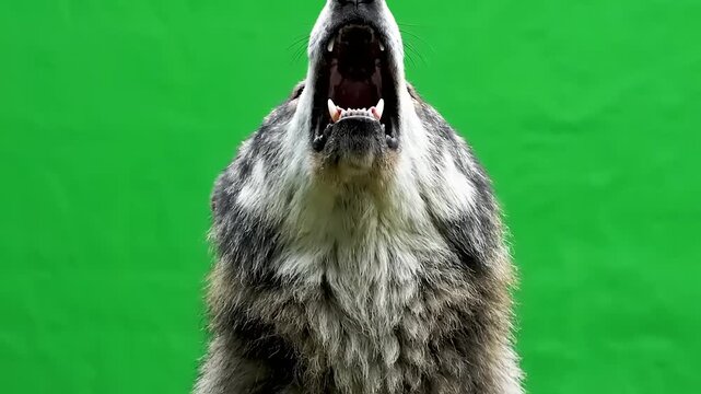 Close-up shot of a wolf howling with mouth wide open against a green screen background