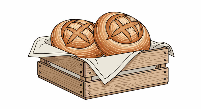 Rustic wooden crate overflowing with two artisan loaves of bread, lined with cloth