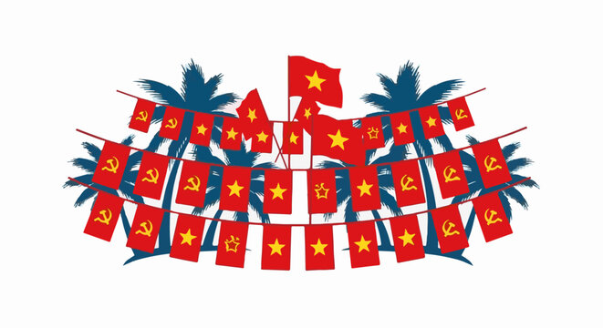 Red and yellow flags with stars and hammers and sickles, draped over blue palm fronds