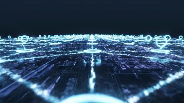 Abstract digital network with illuminated circles and connecting lines