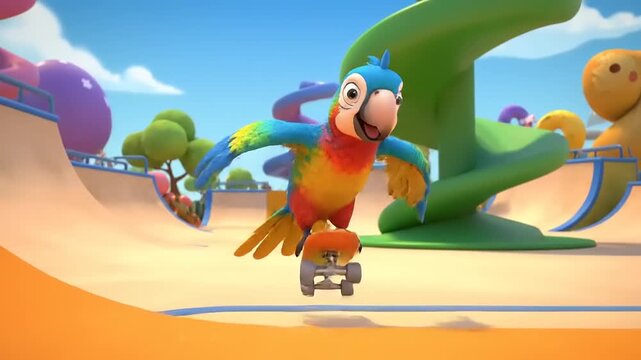 Vibrant animated parrot performs exciting skateboard trick in a playful cartoon skate park, showcasing dynamic motion and a joyful, adventurous spirit in a bright, sunny scene