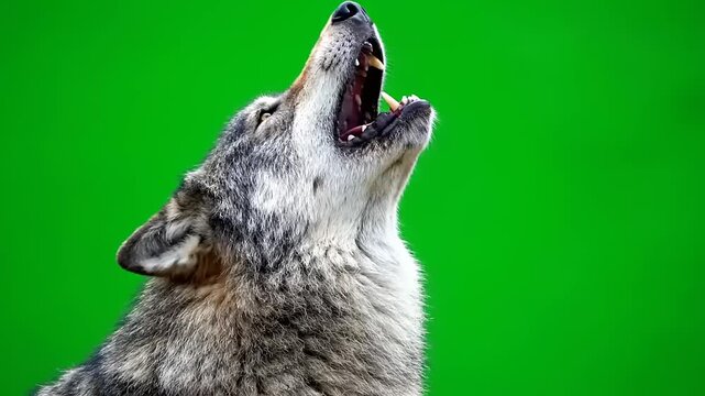 Close-up of a majestic gray wolf howling with its mouth wide open, captured against a vibrant green screen background, perfect for compositing in wildlife documentaries and creative projects