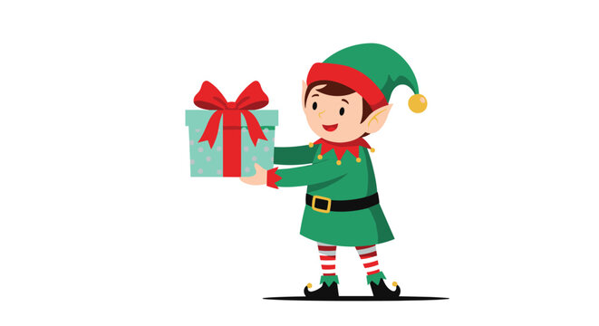 Little Christmas elf in a green festive costume holding a wrapped gift present with a red bow isolated on white background.