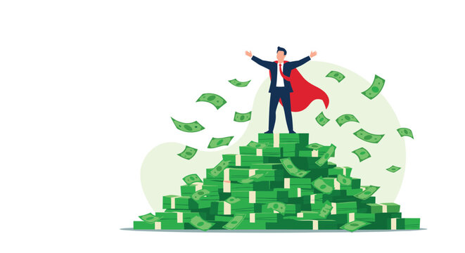 Successful businessman wearing a red cape stands atop a huge pile of money with flying dollar bills around him.
