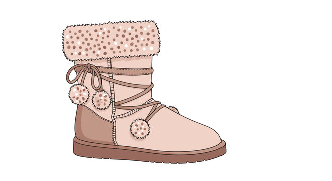Stylish beige winter boot with soft fur lining, decorative pom poms, and lace up details on a white background.