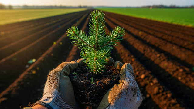 A pair of gloved hands carefully holds a thriving young coniferous tree seedling, richly rooted in nutrient-dense soil, its vibrant green needles adorned with fresh dewdrops, symbolizing hope for...